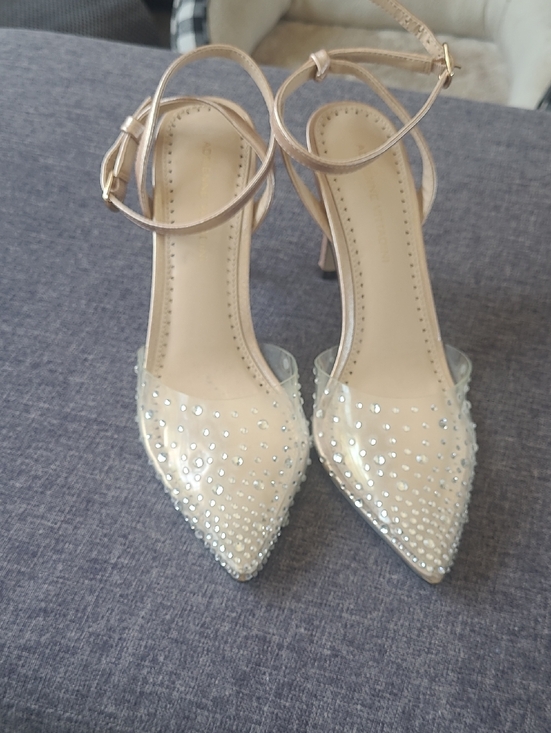 Adrienne Vittadini Shoes - Pinkish Nude Metalic Crystal-Studded Pointed-Ankle Strap Heels